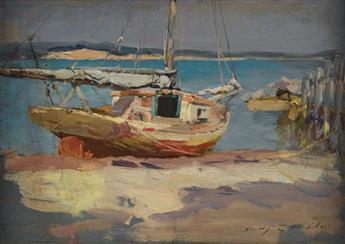 IRVING RAMSEY WILES The Gate Down to the Beach on Indian Neck * Sailboat Near The Dock.